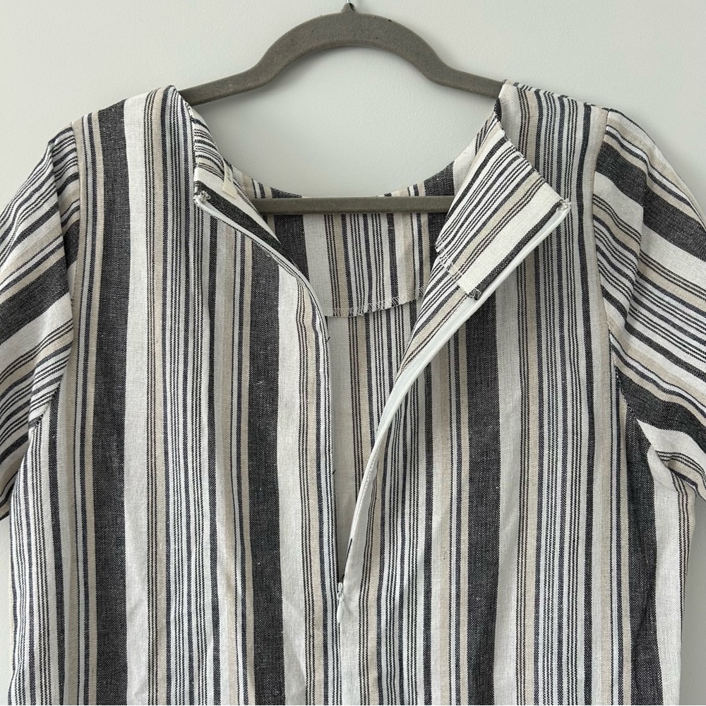 Ellison Grey White Linen Stripe Short Sleeve Shift Dress Tassel Trim M - Picture 7 of 10